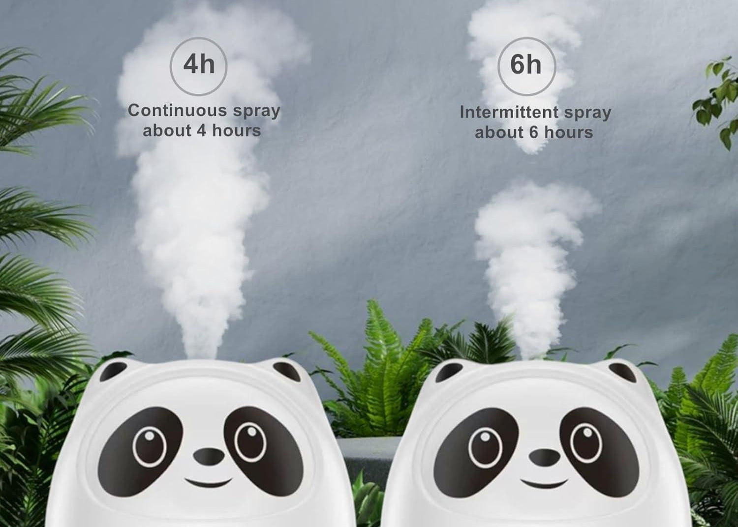 Two panda-shaped humidifiers with steam rising from them, set against a natural background.